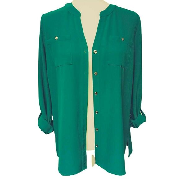 Turquoise Green Tunic Shirt Liquid Knit Top Sz 4 Roll Slv Shacket Susan Graver - Picture 6 of 16